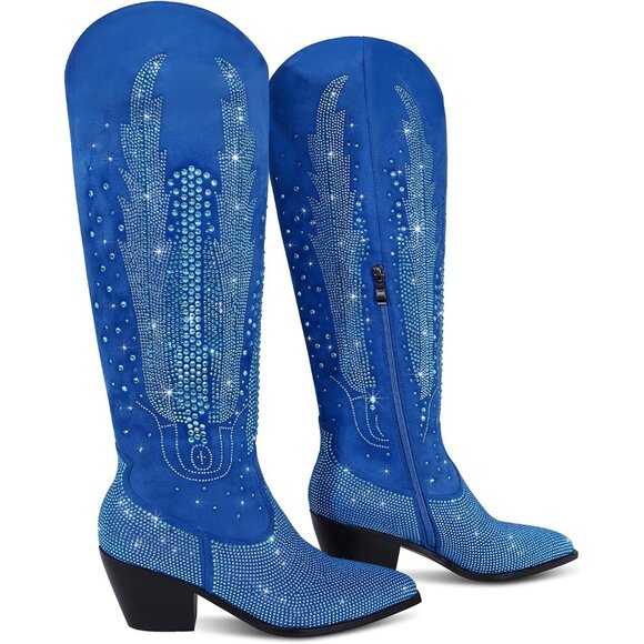 Women Polyurethane Blue Knee High Rhinestone Bling Pointed Toe Cowgirl Western - Picture 4 of 6